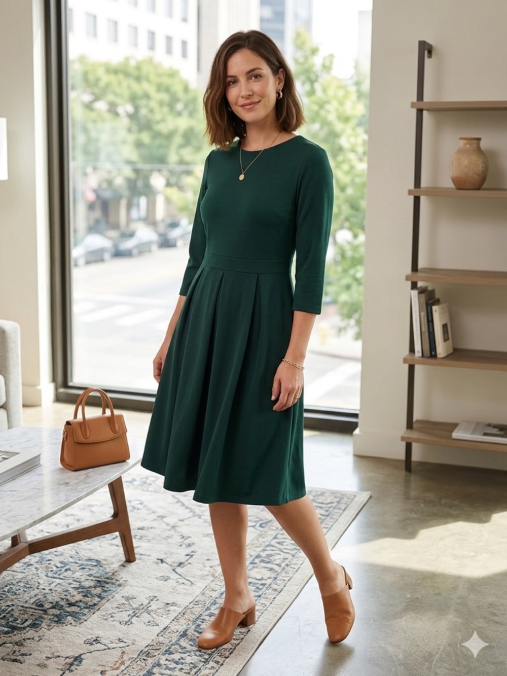 SHEIN Dark Green Midi Fit-and-Flare Dress